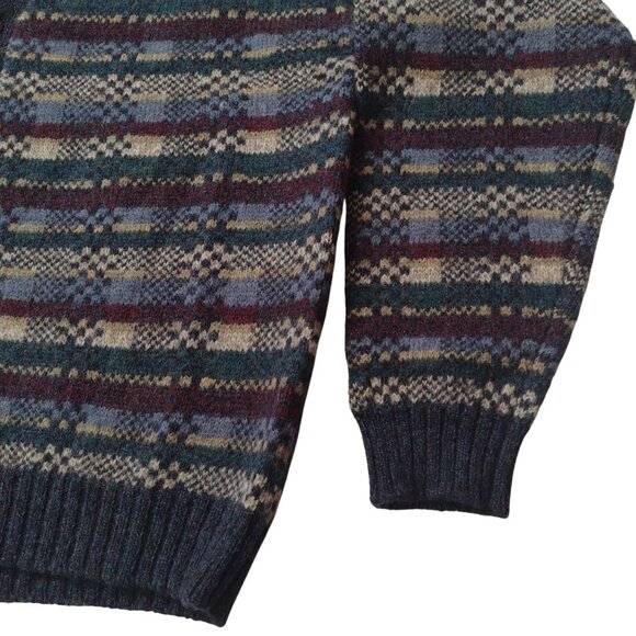 Vintage 90s Fair Isle Mens Shetland Wool Sweater M Blue Grandpa Cardigan - Picture 7 of 10